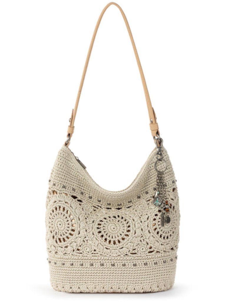 The Sak Sequoia Hobo Hand Crochet Natural Medallion Boho Shoulder Bag Charms